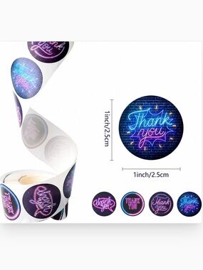 500 Count Stickers - Neon 'Thank You' Round Sticker Roll - 1”